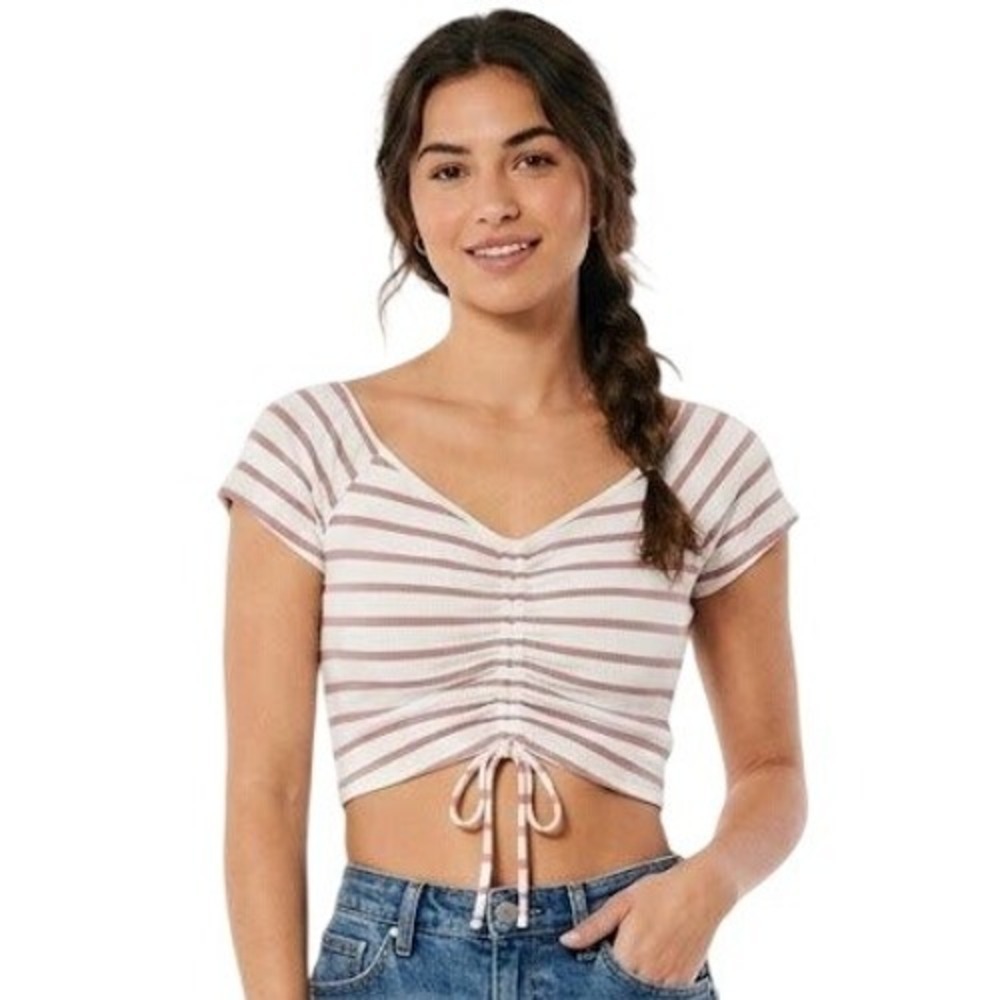 Forever 21 White Pink Striped Ribbed Knit Ruched Crop Top Medium V-Neck‎ Summer
